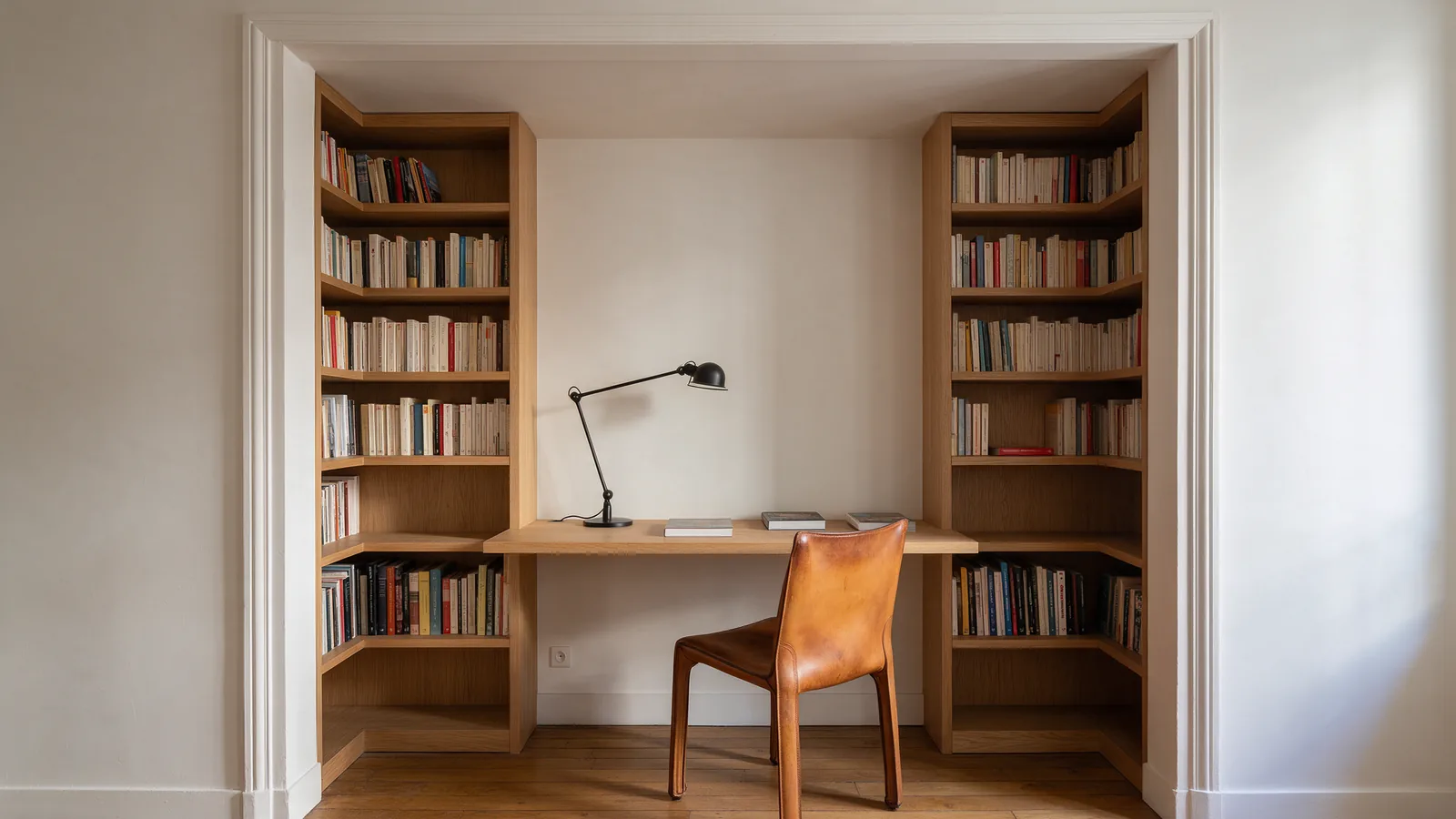 Bureau intégré dans une alcôve avec bibliothèque sur mesure en chêne