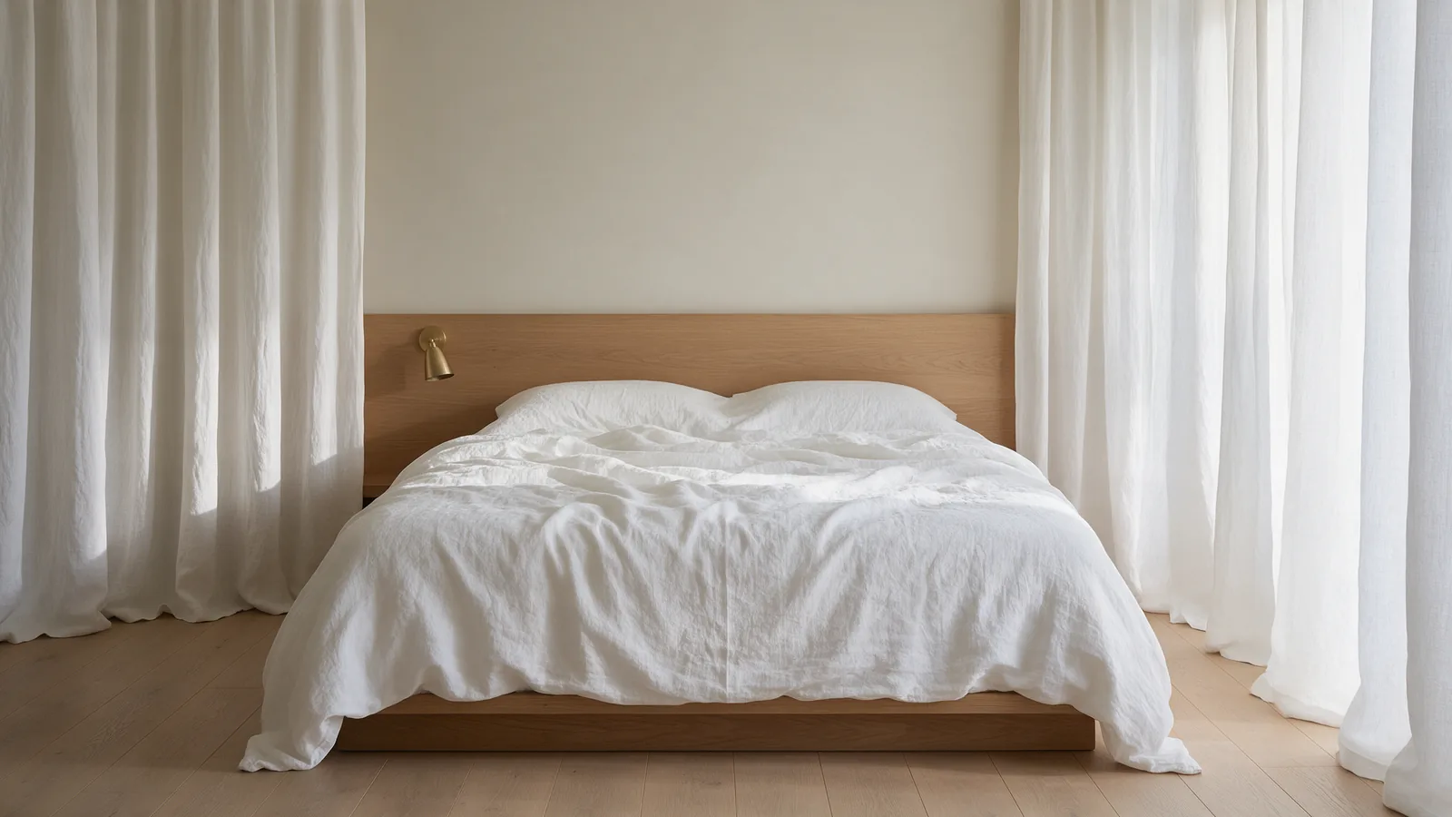 Chambre épurée avec tête de lit en chêne clair et linge de lit en lin