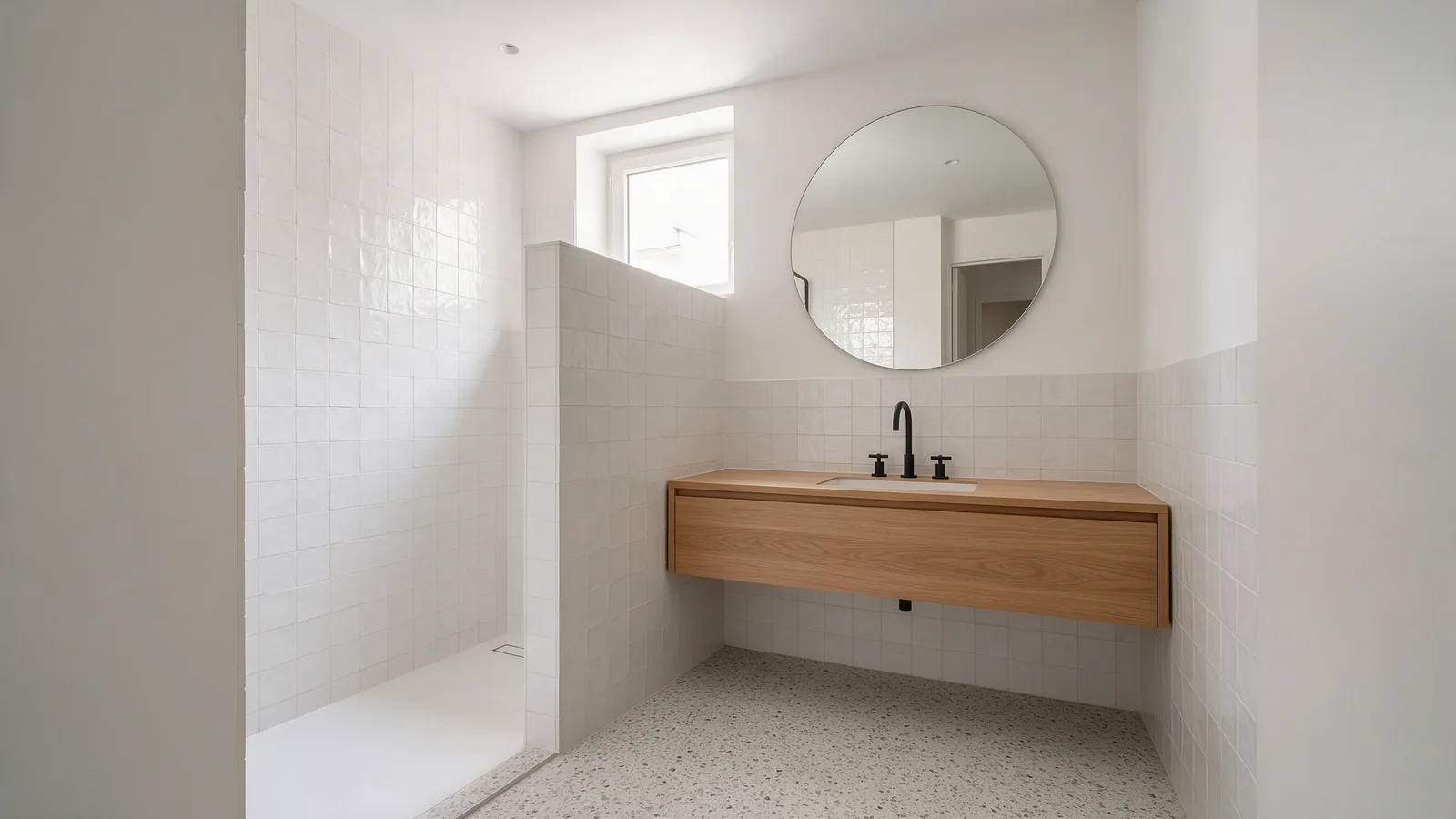 Salle d'eau en zellige blanc avec robinetterie en laiton brossé