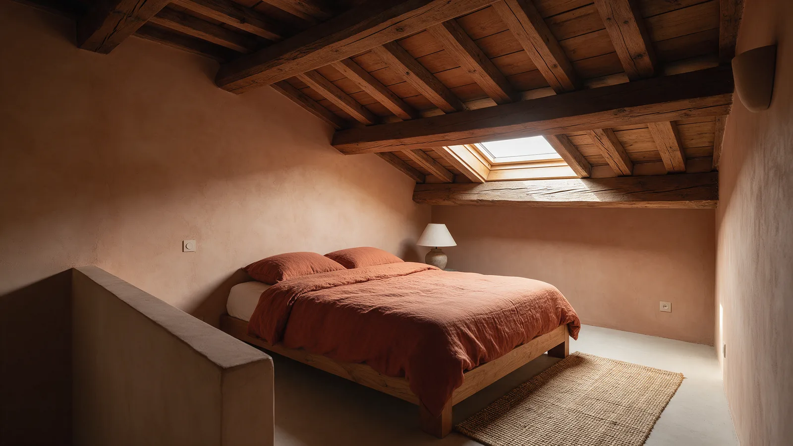 Chambre sous charpente en chêne avec murs enduits à la chaux