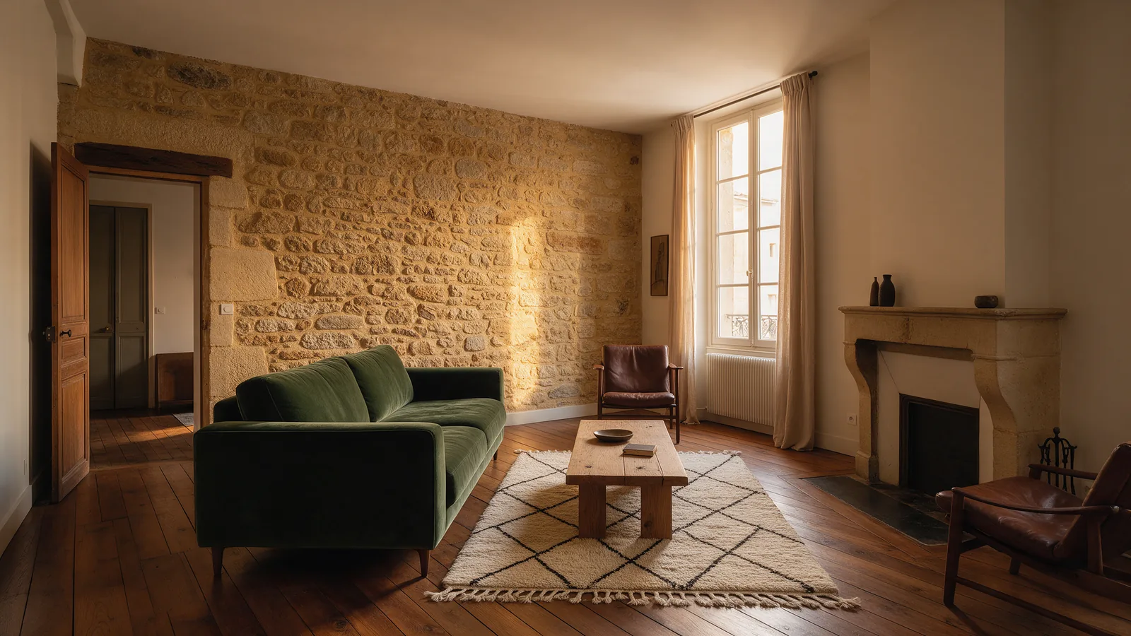 Séjour lyonnais avec mur en pierre dorée, parquet en noyer et canapé en velours vert