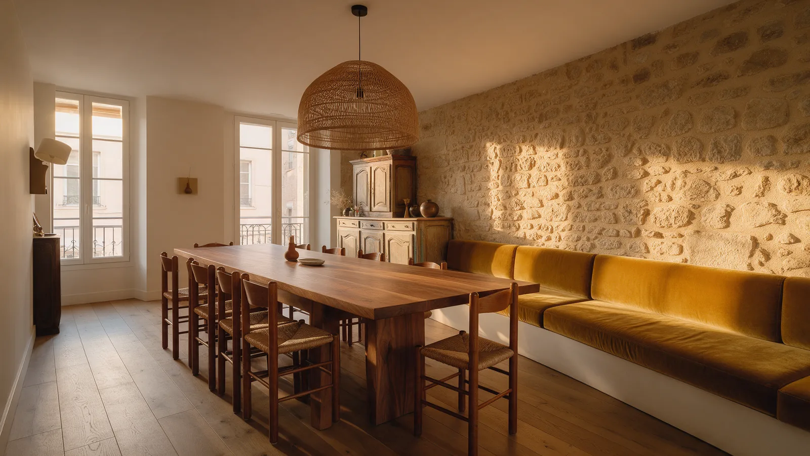 Salle à manger avec longue table en noyer et banquette en velours moutarde