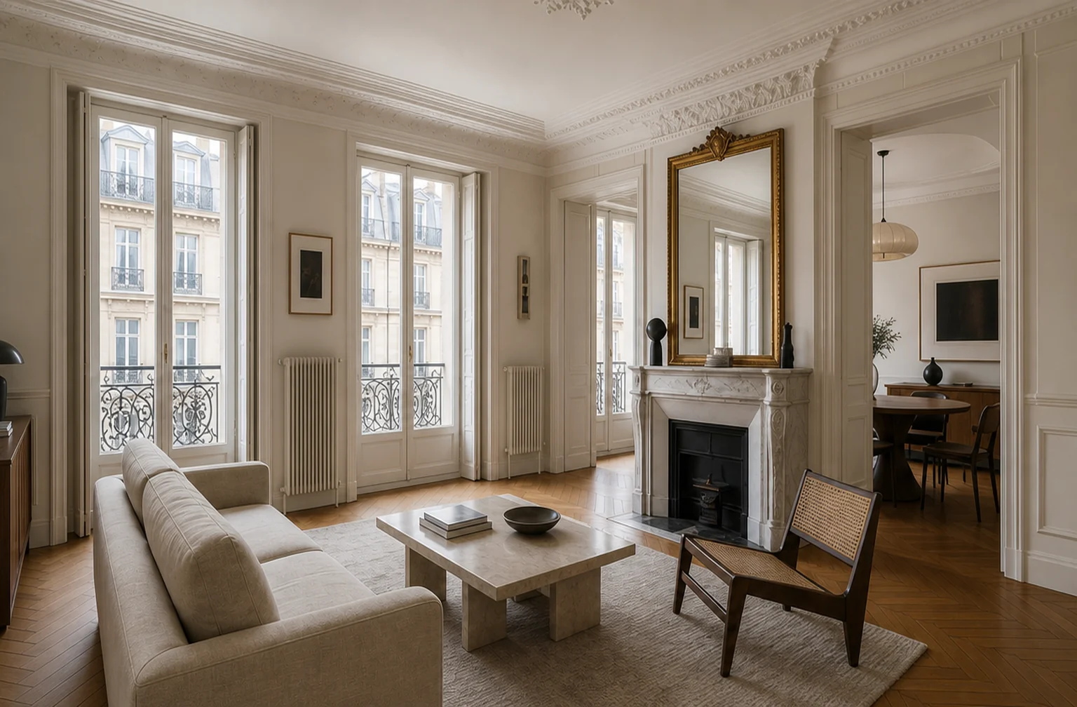 Séjour haussmannien rénové vu depuis l'entrée, deux portes-fenêtres, cheminée en marbre et parquet en point de Hongrie