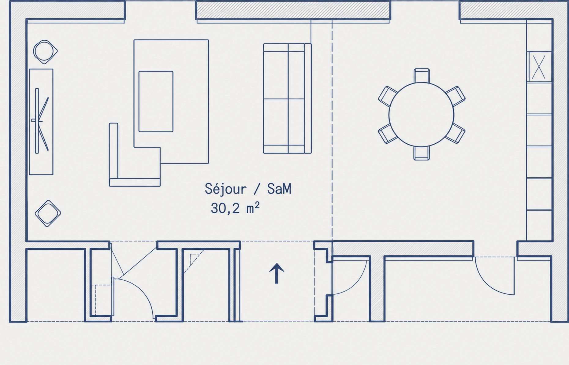 Plan au trait du séjour et de la salle à manger, mobilier schématisé, 30,2 m²